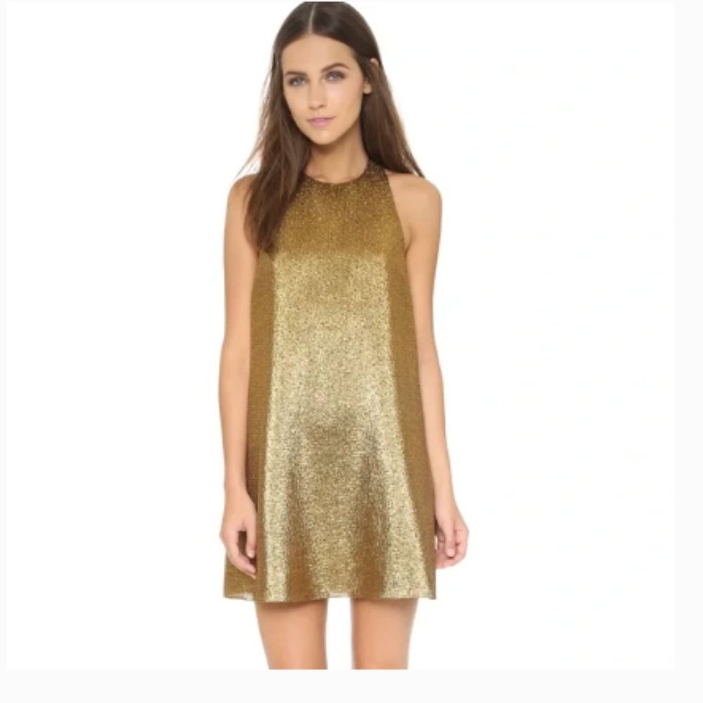 Alice + Olivia Harrison Flared Mini Dress Gold Metallic Size 2